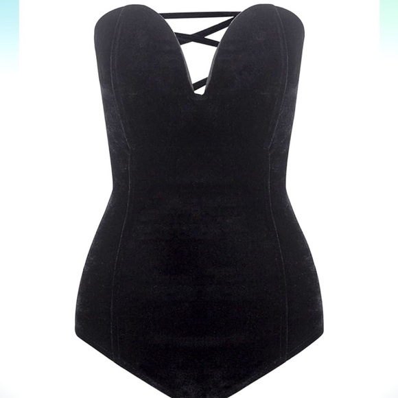 Sexy Velvet Strapless Bodysuit  Vintage Deep V  Lace Up Cross Back Black M - Picture 1 of 6